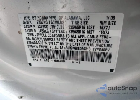 2008 Honda Odyssey Ex z USA, uszkodzony, nr VIN 5FNRL38468B036313